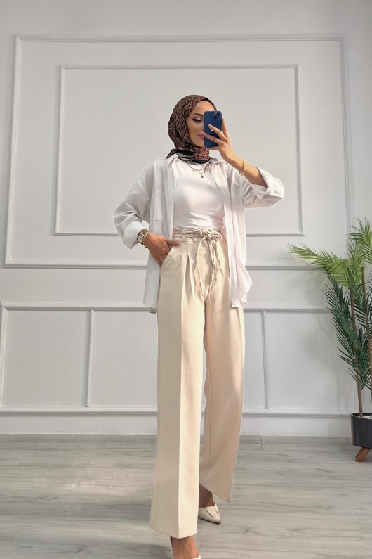 Kadın Dabıl Kemeri İp Detaylı Palazzo Pantolon Taş Rengi 2501 Kadın Dabıl Kemeri İp Detaylı Palazzo Pantolon Taş Rengi 2501