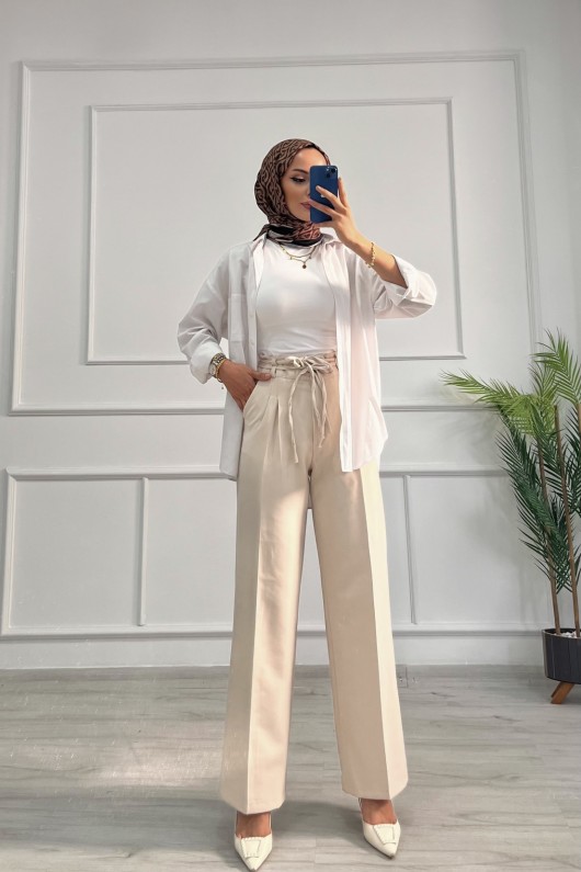 Kadın Dabıl Kemeri İp Detaylı Palazzo Pantolon Taş Rengi 2501 Kadın Dabıl Kemeri İp Detaylı Palazzo Pantolon Taş Rengi 2501