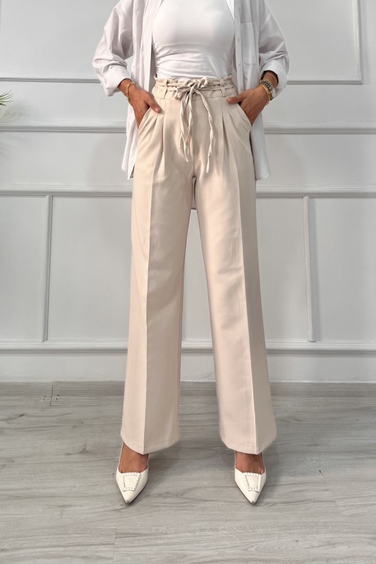 Kadın Dabıl Kemeri İp Detaylı Palazzo Pantolon Taş Rengi 2501 Kadın Dabıl Kemeri İp Detaylı Palazzo Pantolon Taş Rengi 2501