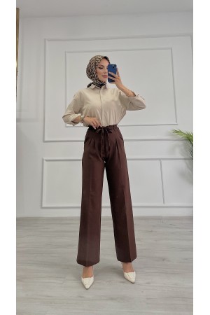 Kadın Dabıl Kemeri İp Detaylı Palazzo Pantolon Kahverengi 2501