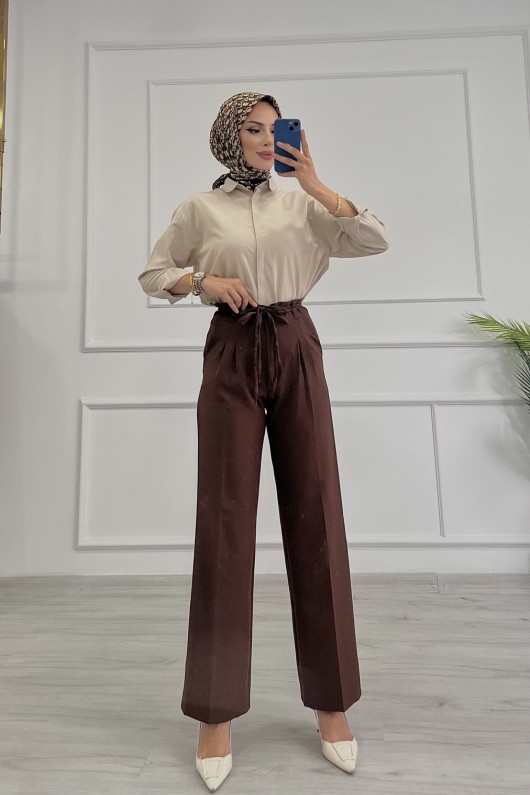 Kadın Dabıl Kemeri İp Detaylı Palazzo Pantolon Kahverengi 2501 Kadın Dabıl Kemeri İp Detaylı Palazzo Pantolon Kahverengi 2501