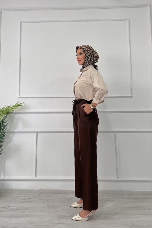 Kadın Dabıl Kemeri İp Detaylı Palazzo Pantolon Kahverengi 2501 Kadın Dabıl Kemeri İp Detaylı Palazzo Pantolon Kahverengi 2501