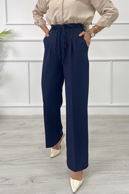 Kadın Dabıl  Kemeri İp Detaylı Palazzo Pantolon Lacivert 2501