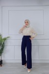 Kadın Dabıl  Kemeri İp Detaylı Palazzo Pantolon Lacivert 2501
