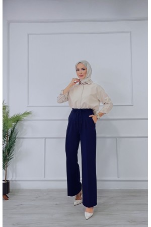 Kadın Dabıl  Kemeri İp Detaylı Palazzo Pantolon Lacivert 2501