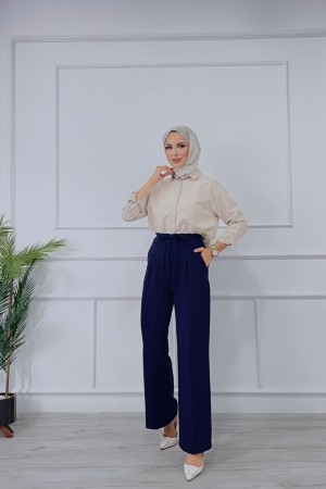 Kadın Dabıl  Kemeri İp Detaylı Palazzo Pantolon Lacivert 2501