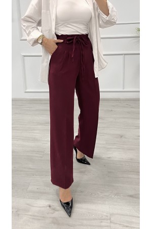 Kadın Dabıl Kemeri İp Detaylı Palazzo Pantolon Bordo 2501