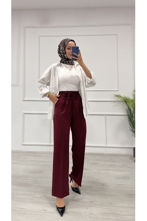 Kadın Dabıl Kemeri İp Detaylı Palazzo Pantolon Bordo 2501 Kadın Dabıl Kemeri İp Detaylı Palazzo Pantolon Bordo 2501