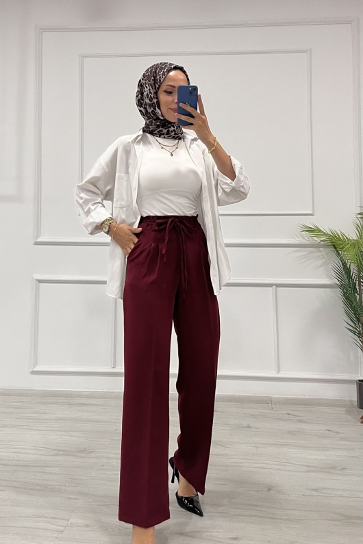 Kadın Dabıl Kemeri İp Detaylı Palazzo Pantolon Bordo 2501 Kadın Dabıl Kemeri İp Detaylı Palazzo Pantolon Bordo 2501