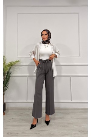 Kadın Dabıl Kemeri İp Detaylı Palazzo Pantolon Gri̇ 2501