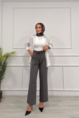 Kadın Dabıl Kemeri İp Detaylı Palazzo Pantolon Gri̇ 2501