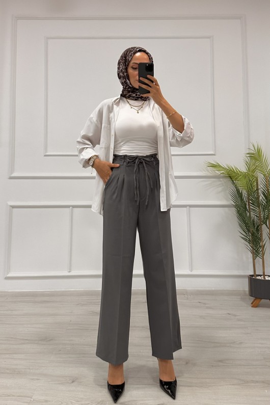 Kadın Dabıl Kemeri İp Detaylı Palazzo Pantolon Gri̇ 2501