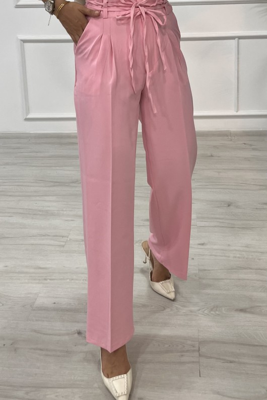Kadın Dabıl Kemeri İp Detaylı Palazzo Pantolon Pembe 2501