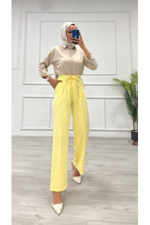 Kadın Dabıl Kemeri İp Detaylı Palazzo Pantolon Sarı 2501