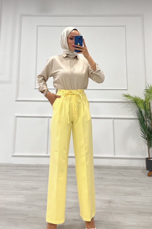 Kadın Dabıl Kemeri İp Detaylı Palazzo Pantolon Sarı 2501 Kadın Dabıl Kemeri İp Detaylı Palazzo Pantolon Sarı 2501