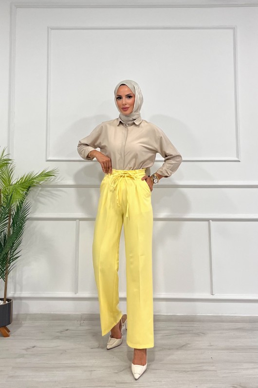 Kadın Dabıl Kemeri İp Detaylı Palazzo Pantolon Sarı 2501 Kadın Dabıl Kemeri İp Detaylı Palazzo Pantolon Sarı 2501