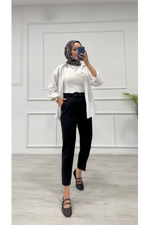 Kadın Dabıl Kumaş Beli Kemerli Havuç Kesim Pantolon Siyah 2502