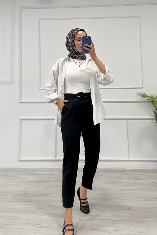 Kadın Dabıl Kumaş Beli Kemerli Havuç Kesim Pantolon Siyah 2502