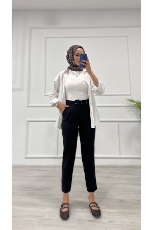 Kadın Dabıl Kumaş Beli Kemerli Havuç Kesim Pantolon Siyah 2502