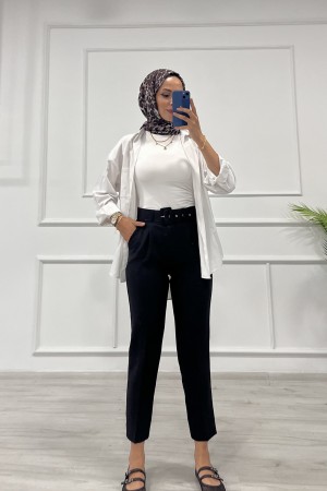 Kadın Dabıl Kumaş Beli Kemerli Havuç Kesim Pantolon Siyah 2502