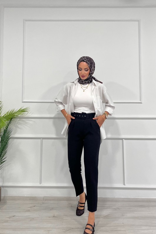 Kadın Dabıl Kumaş Beli Kemerli Havuç Kesim Pantolon Siyah 2502