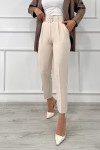 Kadın Dabıl Kumaş Beli Kemerli Havuç Kesim Pantolon Taş Rengi 2502