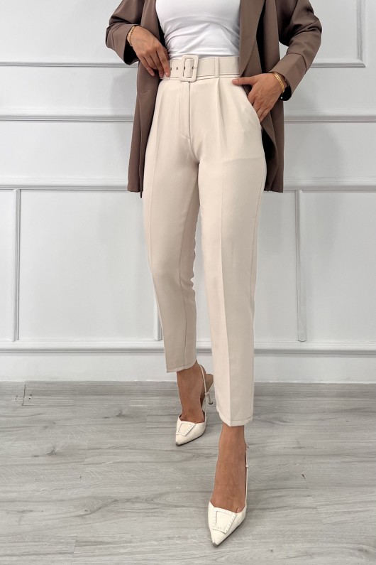 Kadın Dabıl Kumaş Beli Kemerli Havuç Kesim Pantolon Taş Rengi 2502