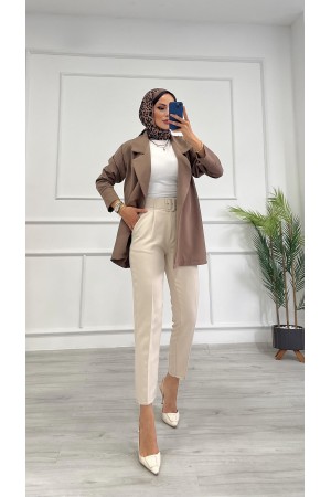 Kadın Dabıl Kumaş Beli Kemerli Havuç Kesim Pantolon Taş Rengi 2502