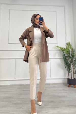 Kadın Dabıl Kumaş Beli Kemerli Havuç Kesim Pantolon Taş Rengi 2502