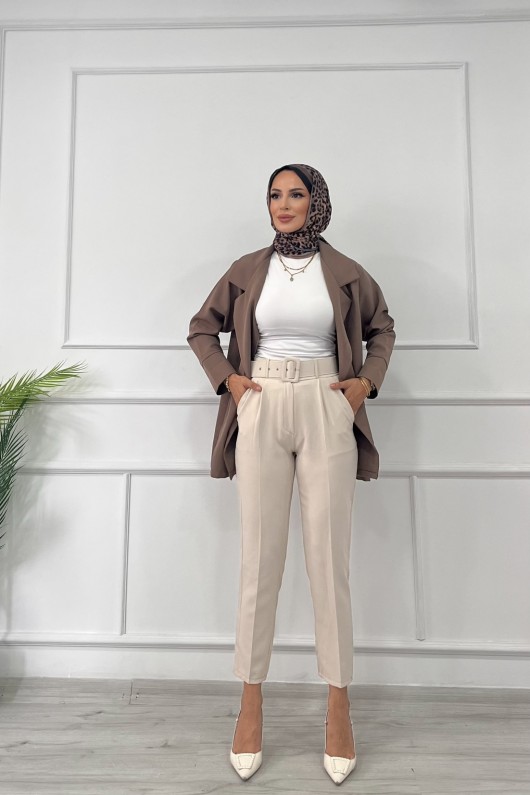 Kadın Dabıl Kumaş Beli Kemerli Havuç Kesim Pantolon Taş Rengi 2502