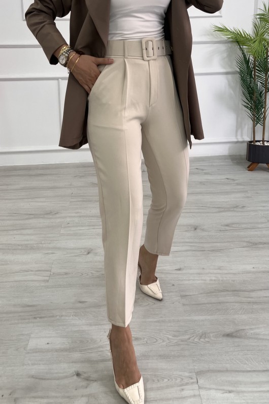 Kadın Dabıl Kumaş Beli Kemerli Havuç Kesim Pantolon Taş Rengi 2502