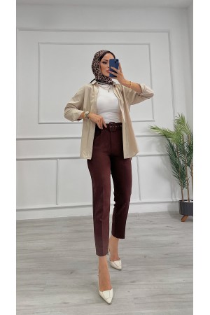 Kadın Dabıl Kumaş Beli Kemerli Havuç Kesim Pantolon Kahverengi 2502