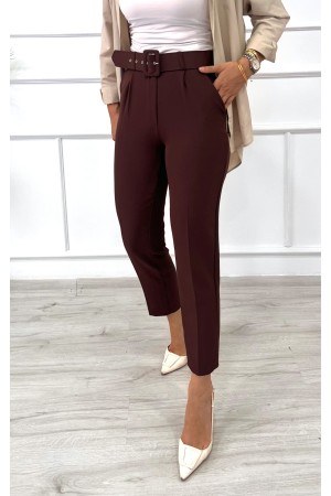 Kadın Dabıl Kumaş Beli Kemerli Havuç Kesim Pantolon Kahverengi 2502