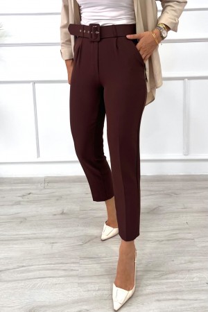 Kadın Dabıl Kumaş Beli Kemerli Havuç Kesim Pantolon Kahverengi 2502