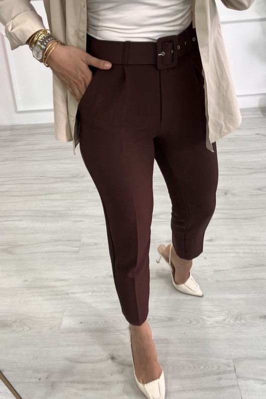 Kadın Dabıl Kumaş Beli Kemerli Havuç Kesim Pantolon Kahverengi 2502