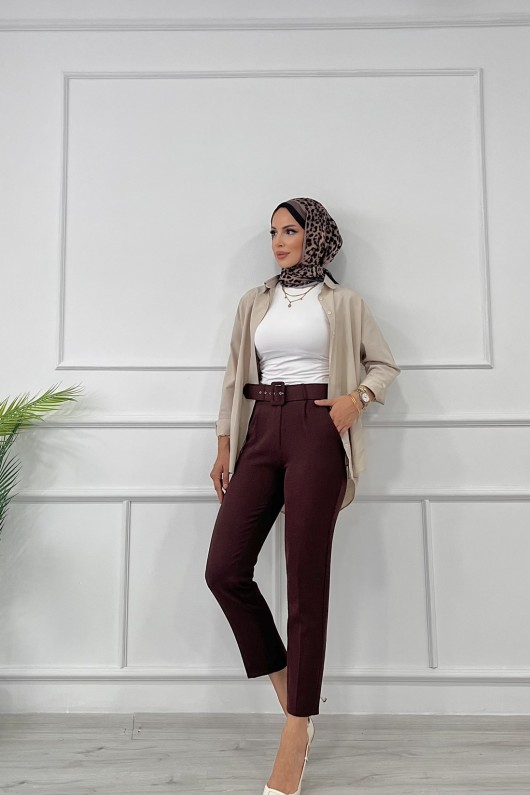 Kadın Dabıl Kumaş Beli Kemerli Havuç Kesim Pantolon Kahverengi 2502