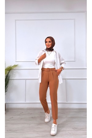 Kadın Double Kumaş Beli Kemerli Havuç Kesim Pantolon Sütlü Kahve 2502