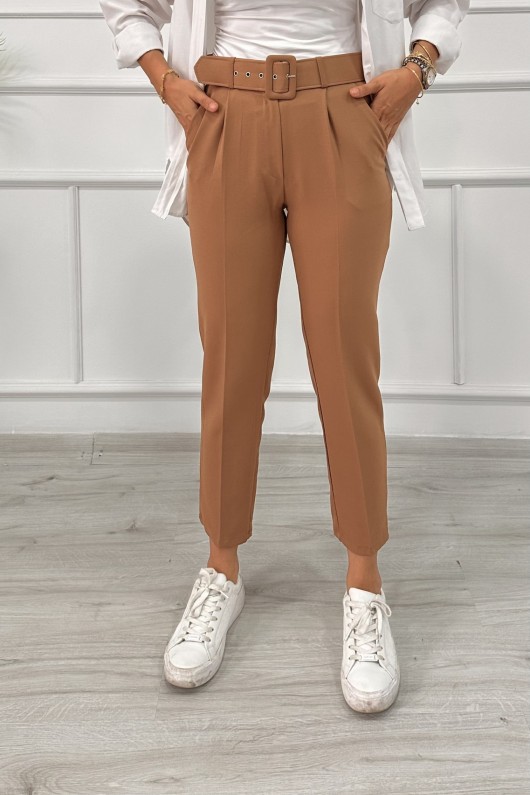 Kadın Double Kumaş Beli Kemerli Havuç Kesim Pantolon Sütlü Kahve 2502