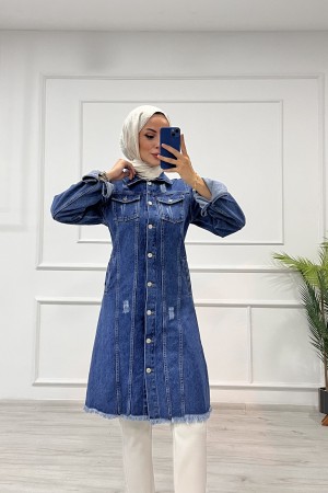 Kadın Kot Tunik Püskül Detaylı Çift Cepli Denim Ceket Mavi 4514