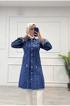 Kadın Kot Tunik Püskül Detaylı Çift Cepli Denim Ceket Mavi 4514