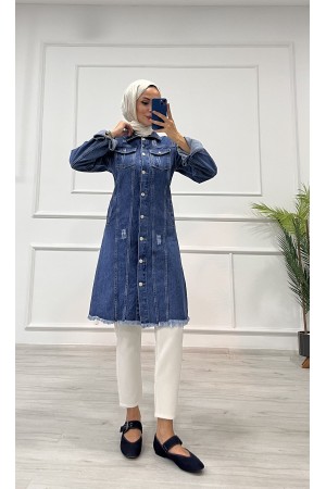 Kadın Kot Tunik Püskül Detaylı Çift Cepli Denim Ceket Mavi 4514 Kadın Kot Tunik Püskül Detaylı Çift Cepli Denim Ceket Mavi 4514