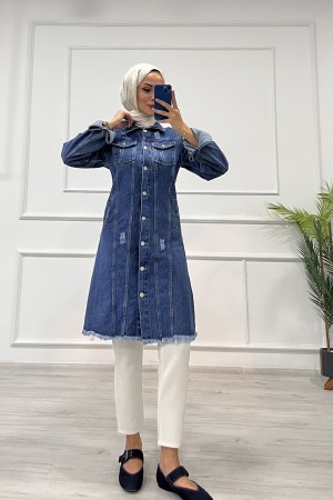 Kadın Kot Tunik Püskül Detaylı Çift Cepli Denim Ceket Mavi 4514