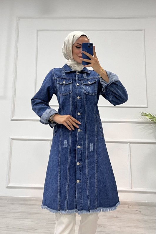 Kadın Kot Tunik Püskül Detaylı Çift Cepli Denim Ceket Mavi 4514 Kadın Kot Tunik Püskül Detaylı Çift Cepli Denim Ceket Mavi 4514