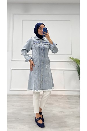 Kadın Kot Tunik Püskül Detaylı Çift Cepli Denim Ceket Açık Mavi 4514