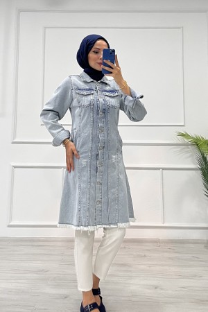 Kadın Kot Tunik Püskül Detaylı Çift Cepli Denim Ceket Açık Mavi 4514