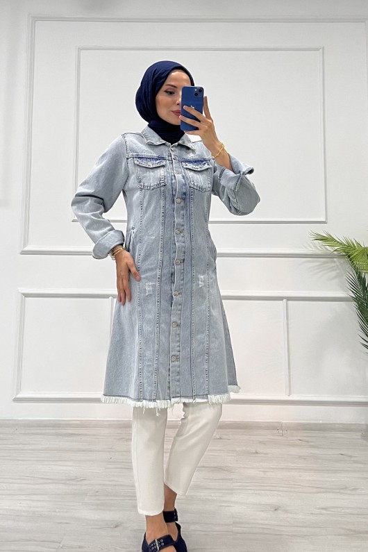 Kadın Kot Tunik Püskül Detaylı Çift Cepli Denim Ceket Açık Mavi 4514 Kadın Kot Tunik Püskül Detaylı Çift Cepli Denim Ceket Açık Mavi 4514