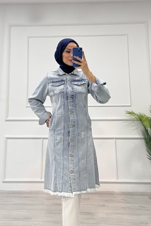 Kadın Kot Tunik Püskül Detaylı Çift Cepli Denim Ceket Açık Mavi 4514