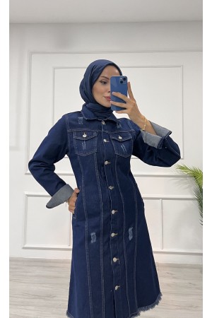 Kadın Kot Tunik Püskül Detaylı Çift Cepli Denim Ceket Koyu Mavi 4514
