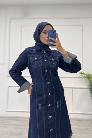 Kadın Kot Tunik Püskül Detaylı Çift Cepli Denim Ceket Koyu Mavi 4514