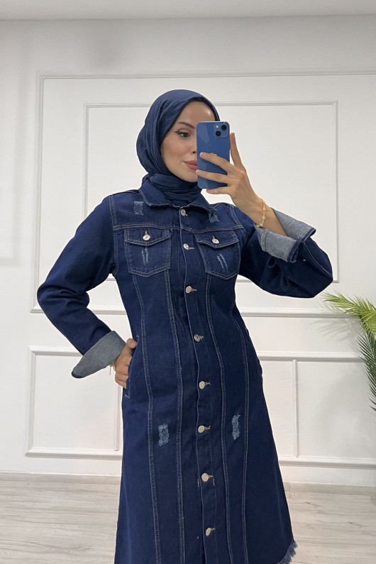 Kadın Kot Tunik Püskül Detaylı Çift Cepli Denim Ceket Koyu Mavi 4514 Kadın Kot Tunik Püskül Detaylı Çift Cepli Denim Ceket Koyu Mavi 4514